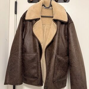 Zara brown faux leather double-faced aviator jacket with shearling cuffs